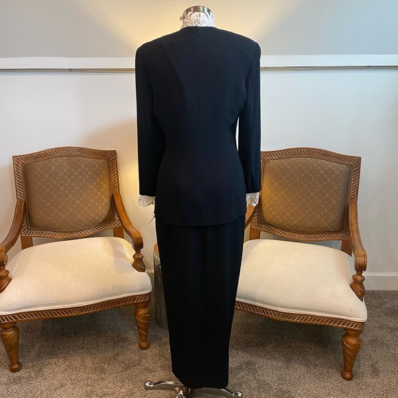 Vintage 80s 90s Black Blazer Jacket and Skirt Suit Set with Lace Details, Office - Picture 4 of 16